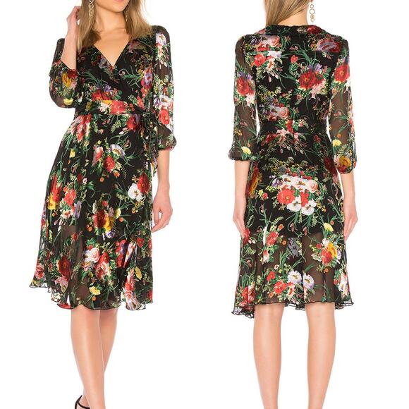 Alice + Olivia Abney Floral Burnout Velvet Detail Long Sleeve Midi Wrap Dress - Picture 2 of 16